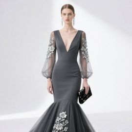 Charcoal Gray Mermaid Gown: Sheer Floral Sleeves & Embroidered Hem - Elegant Evening Dress