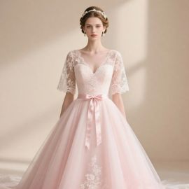 Elegant Pink Lace Wedding Dress - Short Sleeves & Tulle Skirt for Romantic Brides