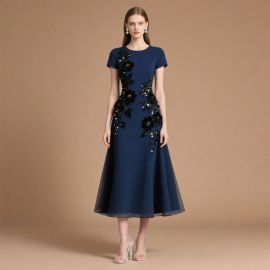 Navy Blue Midi Dress with Black Floral Embroidery - Elegant Formal Evening Gown