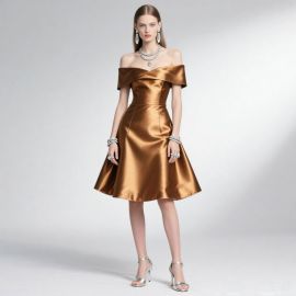 Elegant Off - Shoulder Bronze Satin Midi Dress for Formal Events