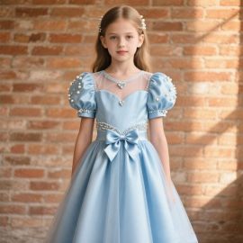 Light Blue Princess Dress for Girls: Pearl-Embellished Puffy Sleeves & Big Bow Formal Gown