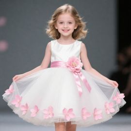 Girls White Tulle Dress with Pink Flowers & Satin Sash - Elegant Princess Party Gown