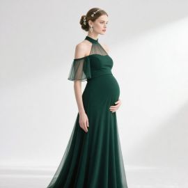 Elegant Emerald Green Maternity Evening Gown with Off - Shoulder & Chiffon Sleeves