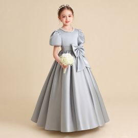 Elegant Grey Satin Flower Girl Dress: Puff Sleeves, Big Bow, Long Gown for Weddings/Parties