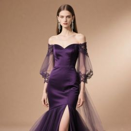 Elegant Purple Off - Shoulder Mermaid Evening Dress with Lace & Sheer Sleeves