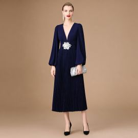 Elegant Navy Blue V-Neck Pleated Midi Dress with Embellished Waist