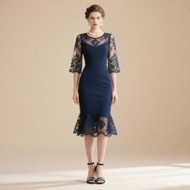 Elegant Navy Blue Lace Midi Dress with Sheer Sleeves & Mermaid Hem - Formal Evening Gown