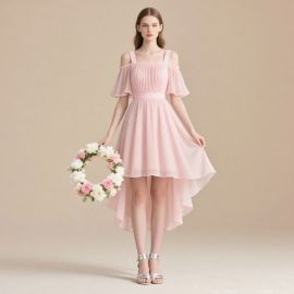 Pink Off - Shoulder High - Low Chiffon Dress for Women