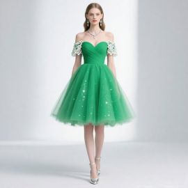 Green Off - Shoulder Short Prom Dress with Lace Sleeves & Sparkling Tulle Skirt