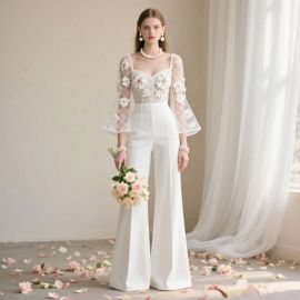 Elegant White Jumpsuit: Lace Floral Embroidery & Bell Sleeves for Bridal Chic