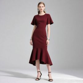 Elegant Burgundy High - Low Hem Mermaid Dress with Flared Sleeves