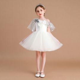 Girls' Elegant White Off - Shoulder Tutu Dress with Sparkly Sequin Cape, Perfect for Weddings & Parties