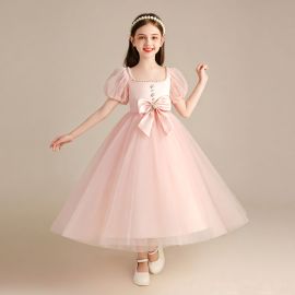 Girls Pink Princess Dress Puffy Sleeves Big Bow Tulle Skirt Party Gown