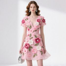 Chic Pink 3D Floral Embroidery V-Neck Short Sleeve A-Line Dress - Summer Fashion