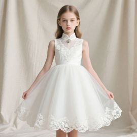 Girls White Lace Tulle Dress: Stand - Collar, Embroidered Detail, Princess Style for Weddings/Parties