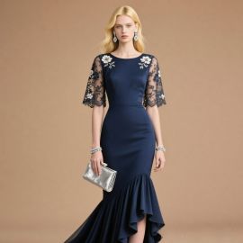 Navy Blue Mermaid Gown with Lace Sleeves & Floral Embroidery - Elegant Evening Dress