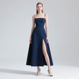 Elegant Navy Blue Spaghetti Strap Midi Dress with High Slit - Chic Evening Gown