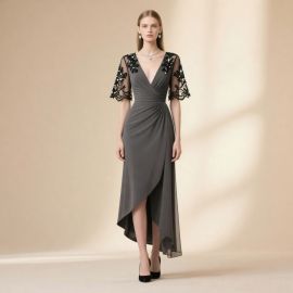 Elegant Charcoal Gray Dress: Lace Embroidered Sleeves & Asymmetric Hem Design