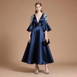 Navy Blue Satin Midi Dress: Sequin-Embellished Flared Sleeves & Cinched Waist Design