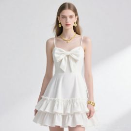 Elegant White Spaghetti Strap Dress with Big Bow & Ruffled Hem - Summer Chic Style