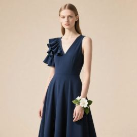 Elegant Navy Blue Sleeveless V-Neck Dress with Ruffled One-Shoulder Detail