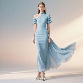 Elegant Light Blue One - Shoulder Long Dress with Chinese Stand Collar & Ruffled Sleeves