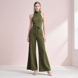 Olive Green Halter Neck Wide Leg Jumpsuit with Belted Waist