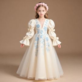 Elegant Girls' Long Dress: Blue Floral Embroidery & Puff Sleeves Tulle Gown