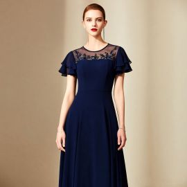 Elegant Navy Blue Lace-Appliqué Maxi Dress with Ruffled Sleeves