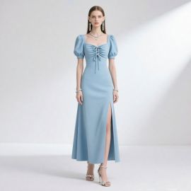 Elegant Light Blue Maxi Dress with Puff Sleeves & Front Slit - Chic Evening Gown for Women