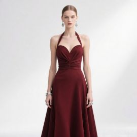 Burgundy Halter Neck Sweetheart Cinched Waist Long Evening Gown