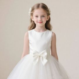 Girls White Sleeveless Flower Girl Dress With Big Bow Tulle Skirt
