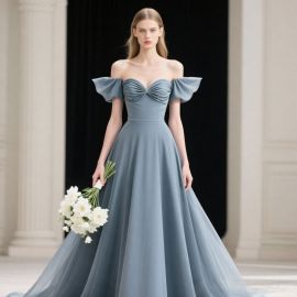 Elegant Dusty Blue Off - Shoulder A - Line Evening Gown with Ruffled Sleeves
