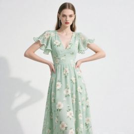 Mint Green Floral Maxi Dress: Ruffled Sleeves, V-Neck, Summer Bohemian Style