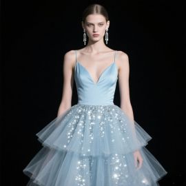 Light Blue Deep V-Neck Sequined Tulle Evening Dress - Elegant Spaghetti Strap Gown