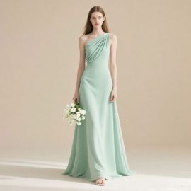 Elegant Mint Green One - Shoulder Long Dress for Bridesmaids & Formal Occasions