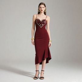 Burgundy Spaghetti Strap Midi Dress with Heart-Shaped Sequin Embellishment