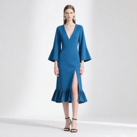 Elegant Blue Midi Dress: V-Neck, Flare Sleeves, Ruffled Hem & Side Slit - Chic Women's Fashion