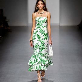 Tropical Leaf Print Spaghetti Strap Mermaid Hem Maxi Dress - Summer Chic Style