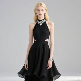 Elegant Black Halter Neck Dress w/White Embroidery & Side Cutouts - Chic Evening Gown