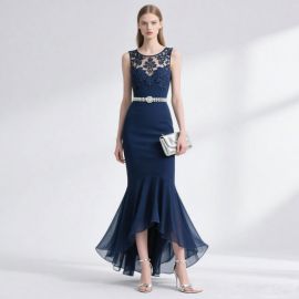 Elegant Navy Blue Lace Mermaid Gown with High-Low Hem & Crystal Waist Belt