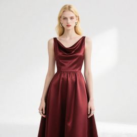 Burgundy Satin Cowl Neck Sleeveless Midi Dress for Evening Parties