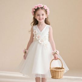 Kids White Flower Girl Dress with Floral Appliques & Tulle Skirt - Wedding Party Formal Gown