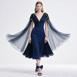 Elegant Navy Blue Midi Dress with Sheer Cape & Beaded Shoulders - Formal Evening Wear