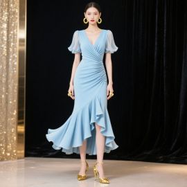 Light Blue Mermaid Dress: V-Neck Puffy Sleeves Asymmetrical Hem Elegant Evening Gown