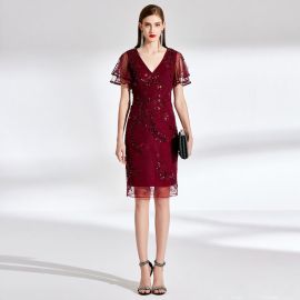 Burgundy Embroidered Short Evening Dress with V-Neck & Sheer Sleeves