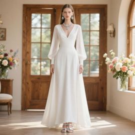 Elegant White Long - Sleeve V - Neck Maxi Dress for Formal Events