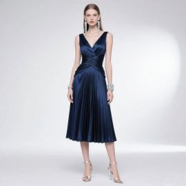 Navy Blue Satin V - Neck Pleated Midi Dress - Elegant Evening Gown for Women