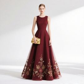 Elegant Burgundy Sleeveless Evening Gown with Floral Embroidery - Formal Dress for Weddings & Events