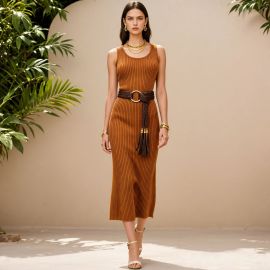 Sleeveless Brown Ribbed Midi Dress with Tasseled Waist Belt - Chic Summer Style
